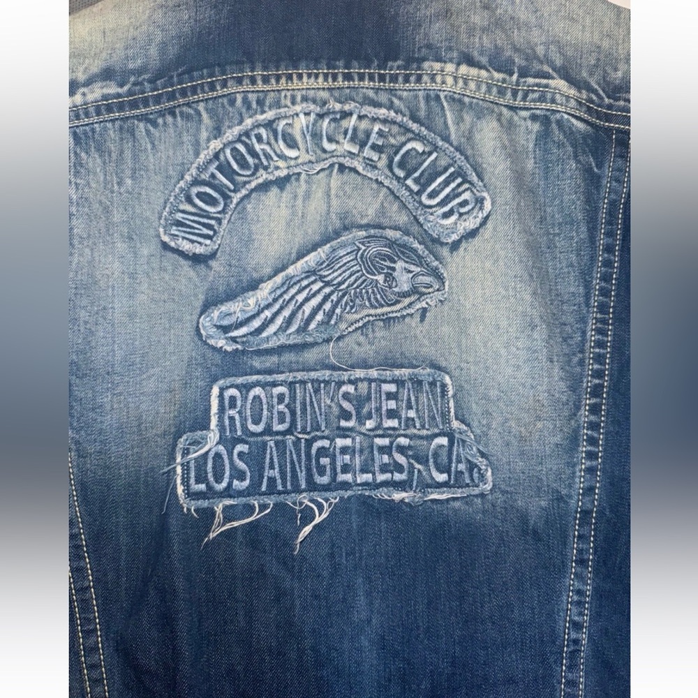 XL Robin's Jean Distressed Denim Vest Wings Patch Frayed Sleeveless Jacket Mens